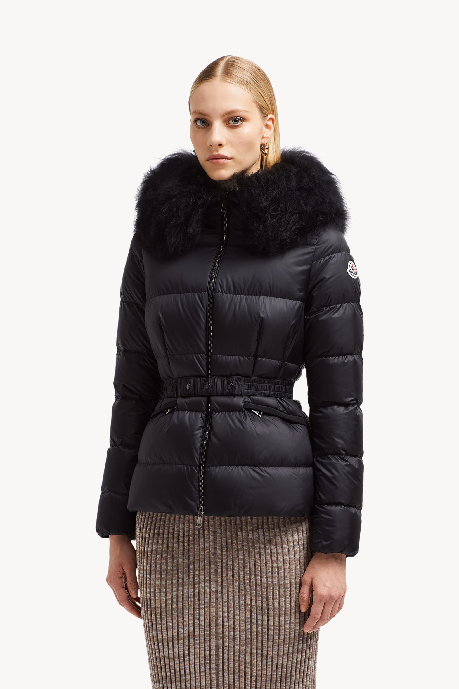 Boed Hooded Shearling-Trimmed Short Down Jacket Women Black Moncler 3